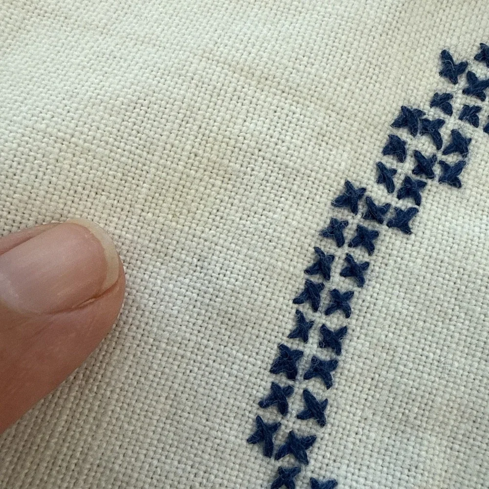 Vtg Cross Stitch Tablecloth Cotton Embroidery Blue White Basket Floral Stains